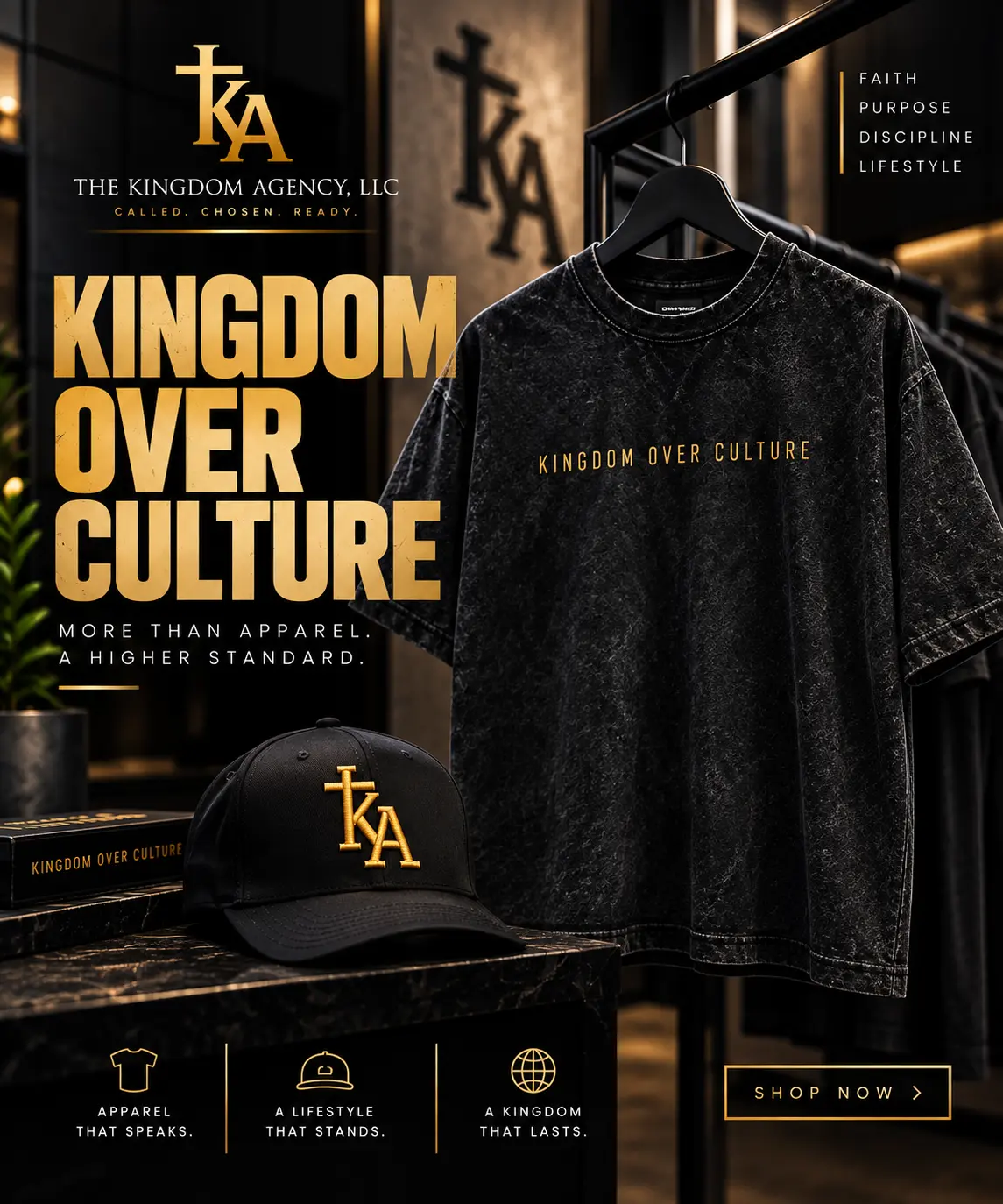 Kingdom Over Culture apparel artwork featuring a black T-shirt and branded cap