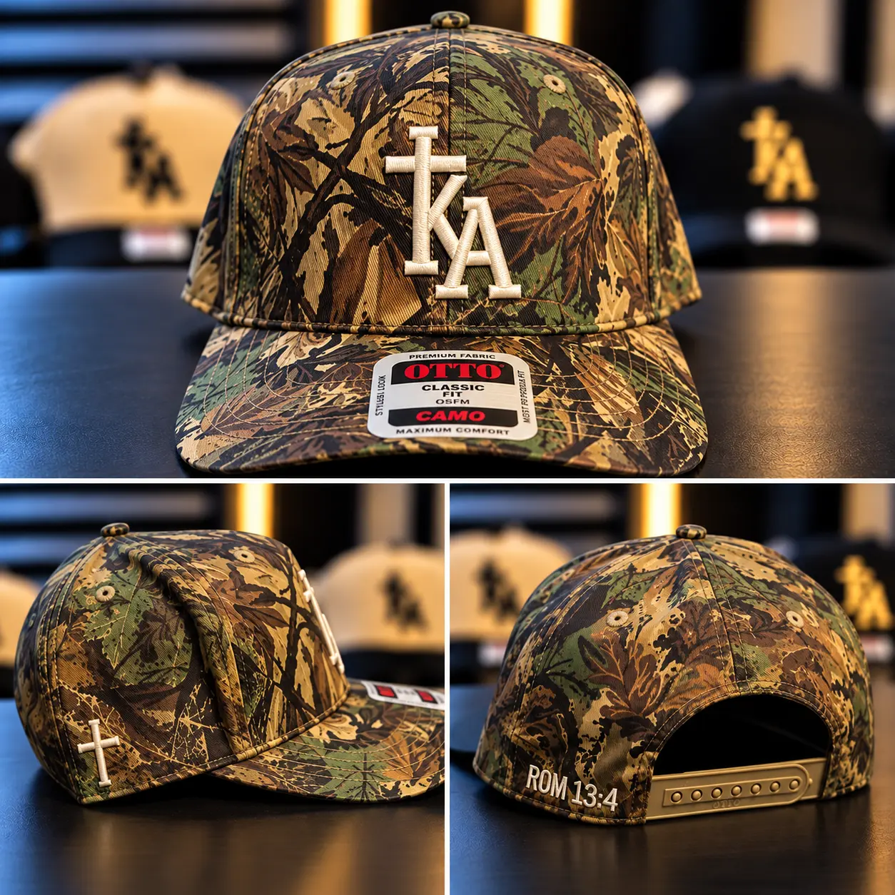 Camo snapback cap with white KA cross monogram and ROM 13:4 on the back