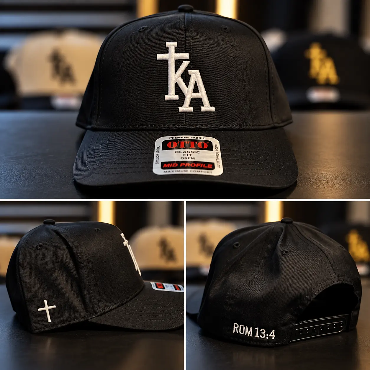 Black snapback cap with white KA cross monogram and ROM 13:4 on the back