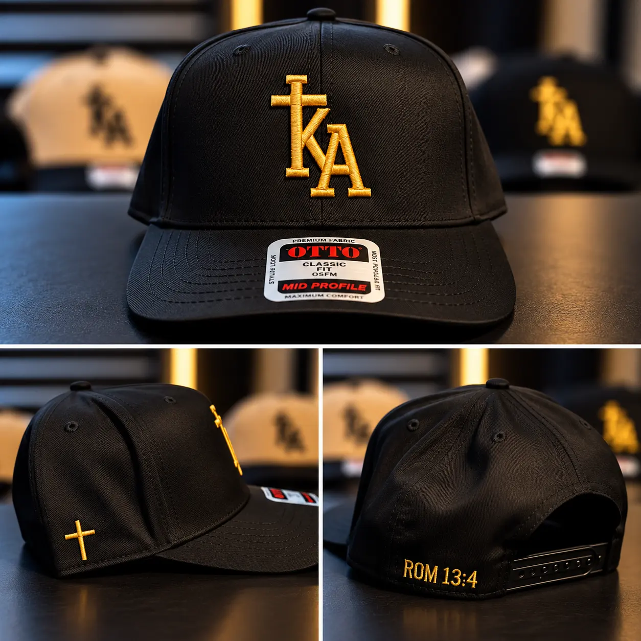 Black snapback cap with gold KA cross monogram and ROM 13:4 on the back