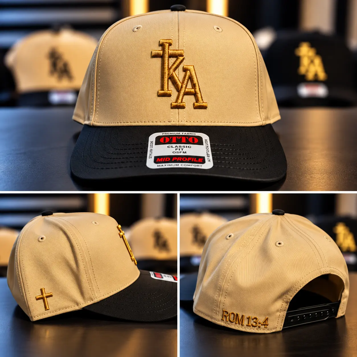 Natural and black snapback cap with gold KA cross monogram and ROM 13:4 on the back