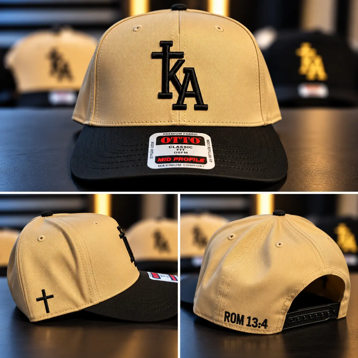 Natural and black snapback cap with black KA cross monogram and ROM 13:4 on the back