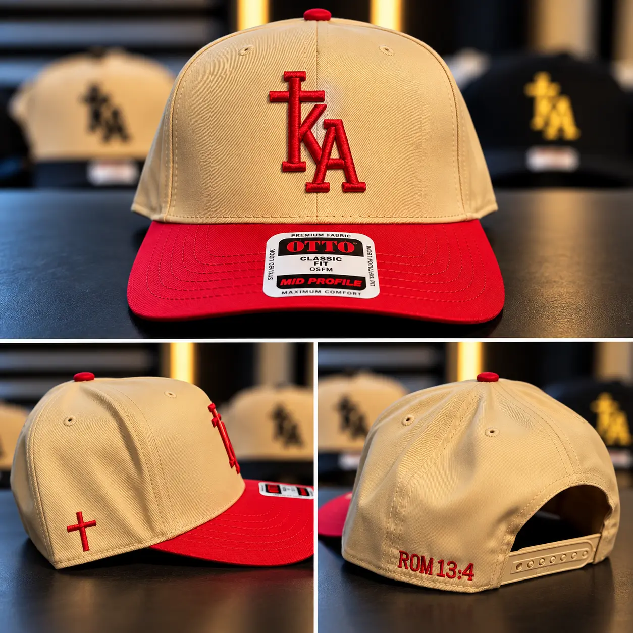 Natural and red snapback cap with red KA cross monogram and ROM 13:4 on the back