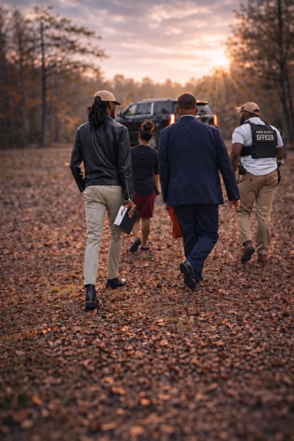 The Kingdom Agency security detail escorting clients to the vehicle at sunset