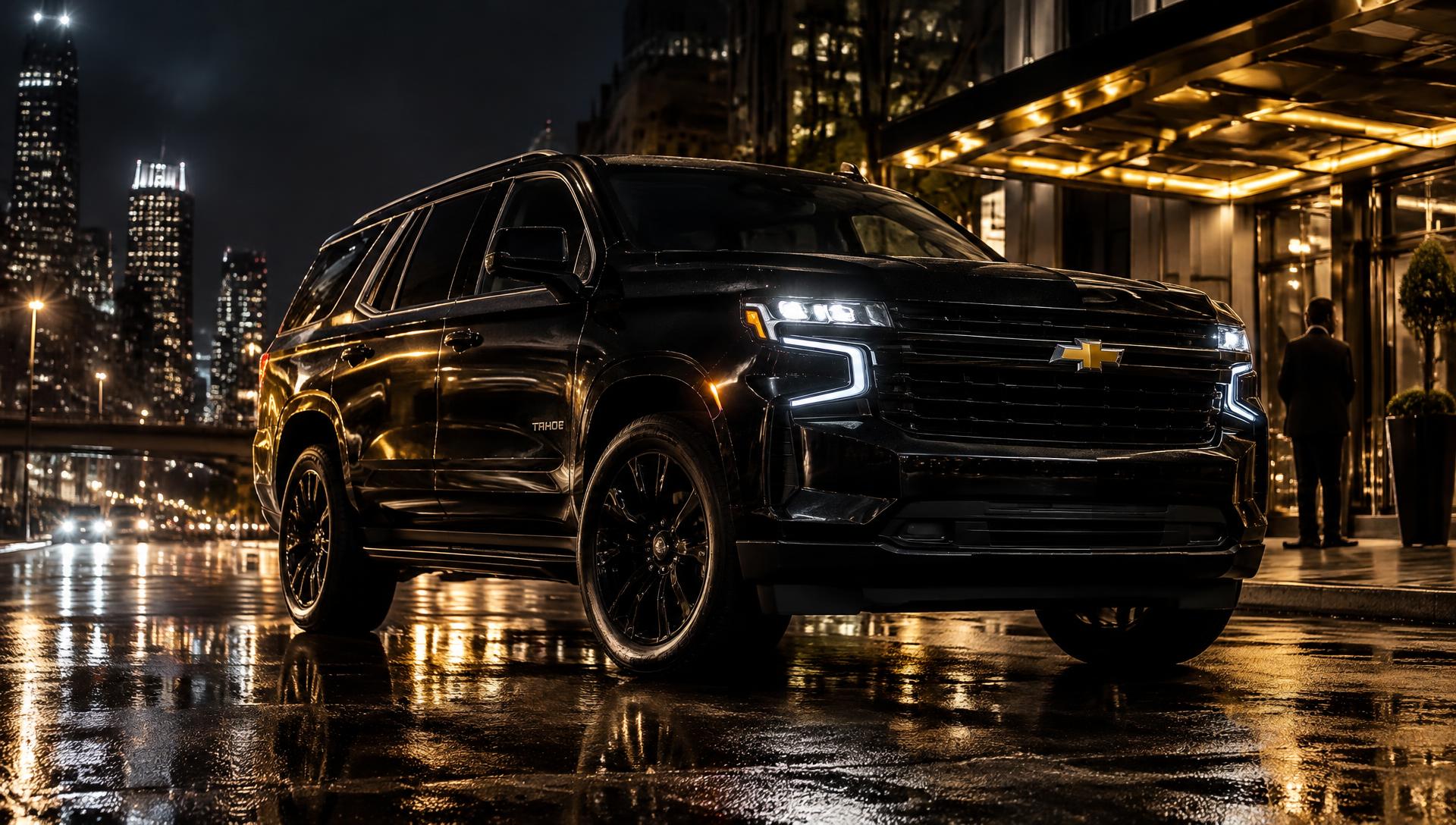 Black Chevrolet Tahoe executive vehicle at night